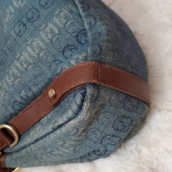 Authentic Gucci Blue Monogram Denim Shoulder Bag with Brown Leather Straps RARE! - Picture 9 of 16